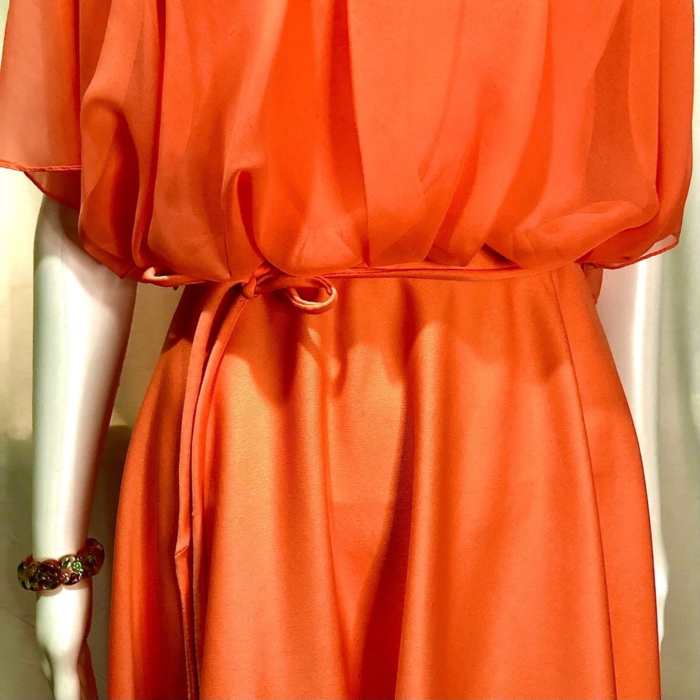 Vintage ILGWU Coral Chiffon And Satin Angel Wing Gown, Size M - Picture 2 of 8